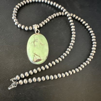 Navajo Green Gaspeite Pendant Necklace | Sterling Silver | Authentic Native American Handmade | 15487