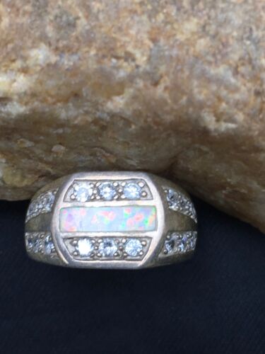 Navajo Cubic Zirconia Opal Inlay Ring | Sterling Silver | Sz 6.5 | Authentic Native American Handmade | 17156