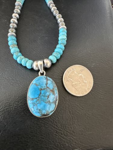 Navajo Blue Spiderweb Turquoise Pendant Necklace | Sterling Silver | Authentic Native American Handmade | 16649