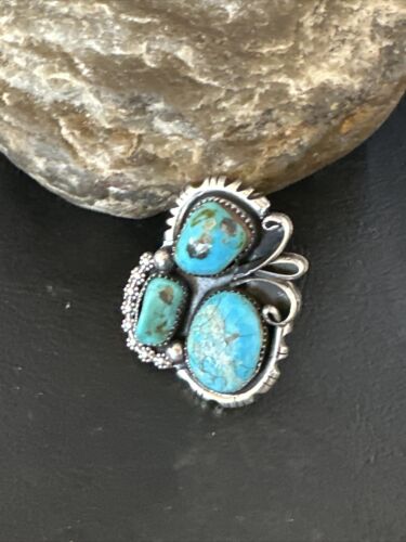 Navajo Blue Turquoise Cluster Ring | Authentic Native American Sterling Silver | Multi-Stone | Sz 8.5 | 14838