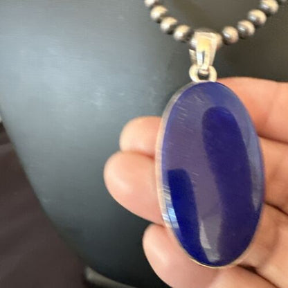 Navajo Blue Lapis Pendant with Pearls | Sterling Silver Necklace | 20" | Authentic Native American Handmade | 16668 - Masha USA