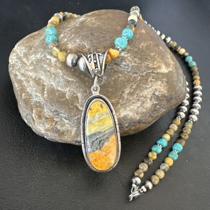 Navajo BumbleBee Jasper Pendant with Pearls | Sterling Silver Necklace | Authentic Native American Handmade | 16877