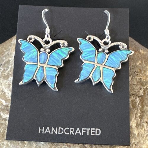 Butterfly Blue Opal Inlay Dangle Earrings | Sterling Silver | Authentic Native American Handmade | 16526