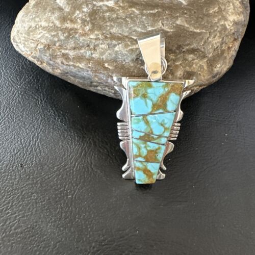 Navajo Blue #8 Turquoise Inlay Pendant | Sterling Silver | 2" | Authentic Native American Handmade | 15681