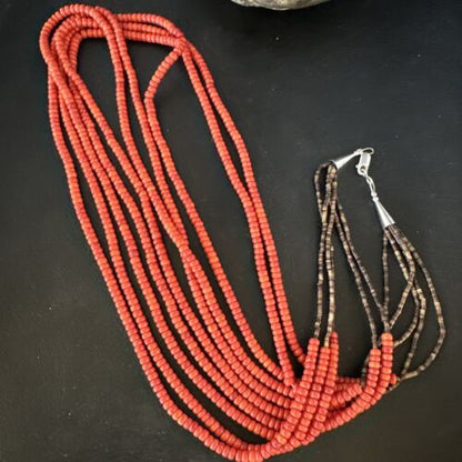 Navajo Red Spiny Oyster Shell Necklace | 5 Strand | Sterling Silver | 26" | Authentic Native American Handmade | 15530