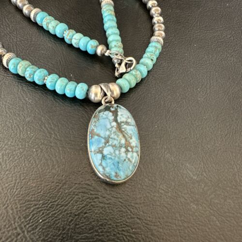 Navajo Men's Blue Spiderweb Turquoise Pendant Necklace | Sterling Silver | Authentic Native American Handmade | 17115 - Masha USA