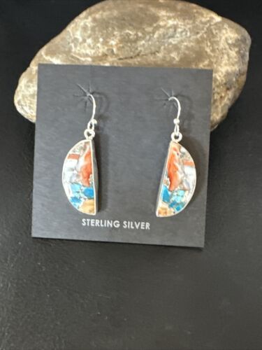 Navajo Blue Turquoise & Orange Spiny Oyster Inlay Dangle Earrings | Sterling Silver | 15584