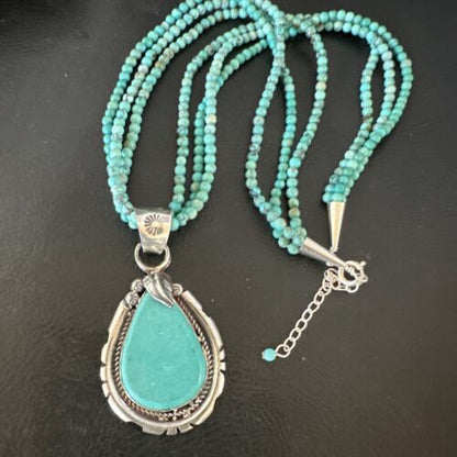 Navajo Blue Turquoise Pendant | Sterling Silver 3-Strand Bead Necklace | 17" | Authentic Native American Handmade | 15998