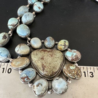 Navajo Blue Golden Hills Turquoise Lariat Necklace Pendant | Authentic Native American Handmade | 16184