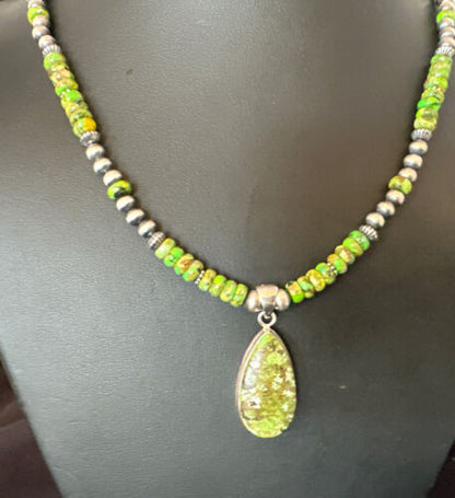 Navajo Green Turquoise Pendant Necklace | Sterling Silver Pearls | Authentic Native American Handmade | 16234