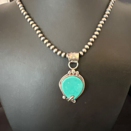 Women's Blue Turquoise Pendant Necklace | Navajo Pearls | Sterling Silver | Authentic Native American Handmade | 15658