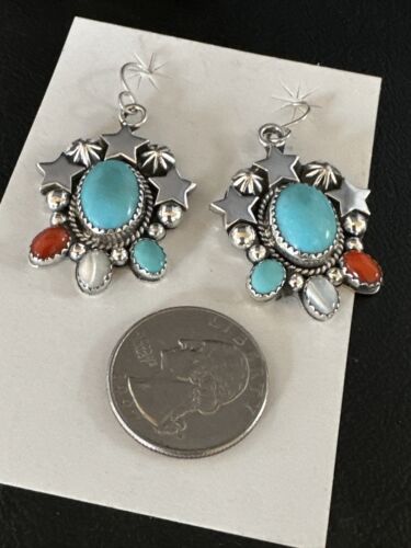 Navajo Coral Mother of Pearl Turquoise Sterling Silver Earrings | July Fourth | Handmade 15330