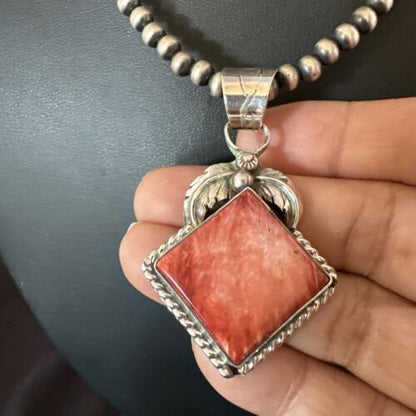 Navajo Red Spiny Oyster Pendant Necklace | Sterling Silver | Authentic Native American Handmade | 16144