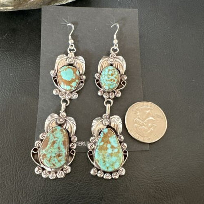 Navajo Blue Turquoise #8 Dangle Earrings | Sterling Silver | Authentic Native American Handmade | 16908