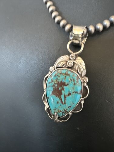 Navajo Blue Turquoise Pendant Necklace | Sterling Silver Pearls | Authentic Native American Handmade | 15640