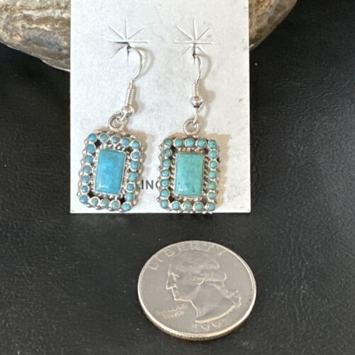 Navajo Blue Turquoise Dangle Earrings | Sterling Silver | Authentic Native American Handmade | 15439