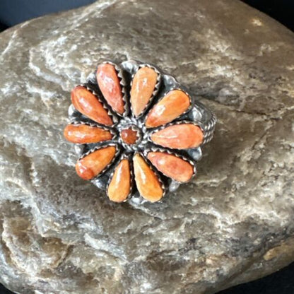 Navajo Orange Spiny Oyster Cluster Ring | Authentic Native American Sterling Silver | Multi-Stone | Sz 8 | 16331