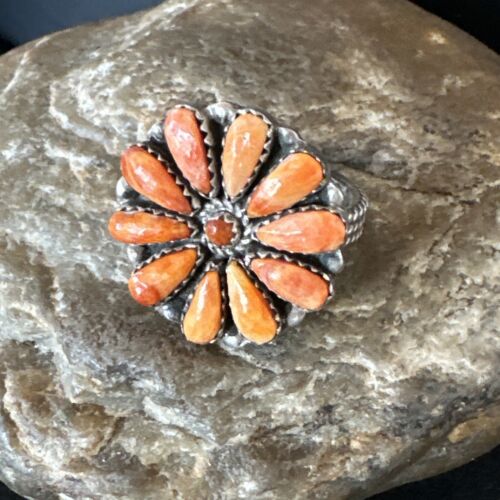 Navajo Orange Spiny Oyster Cluster Ring | Authentic Native American Sterling Silver | Multi-Stone | Sz 8 | 16331