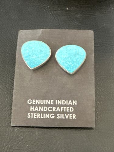 Navajo Blue Kingman Turquoise Post Stud Earrings | Sterling Silver | Authentic Native American Handmade | 17407