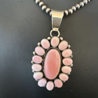 Navajo Pearls Pink Conch Necklace with Multi-Stone Cluster Pendant | Authentic Native American Handmade | 16062