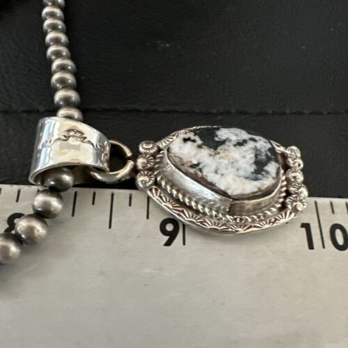 White Buffalo Turquoise Pendant | Navajo Pearls | Sterling Silver Necklace 21" | 17328 - Masha USA