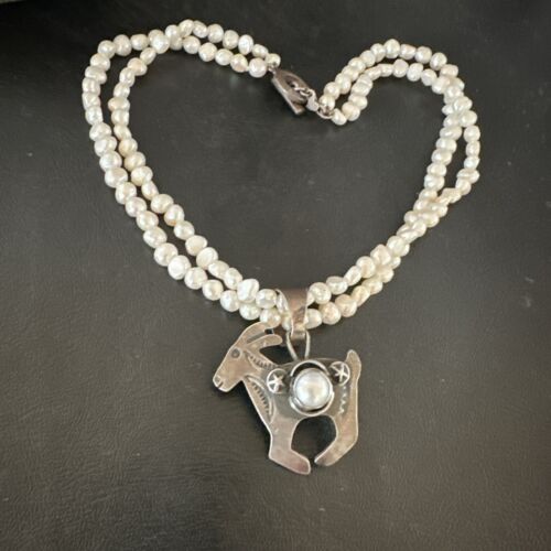 Navajo Old Pawn White Freshwater Pearl Sterling Silver Pendant Necklace | 14" Multi-Strand | 17369