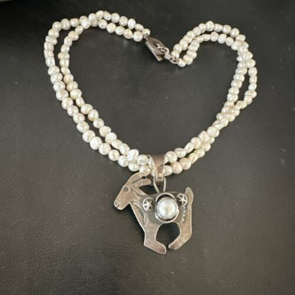 Navajo Old Pawn White Freshwater Pearl Sterling Silver Pendant Necklace | 14" Multi-Strand | 17369