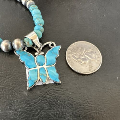 Navajo Butterfly Blue Ridge Turquoise Inlay Pendant Necklace | Sterling Silver | Authentic Native American Handmade | 16642