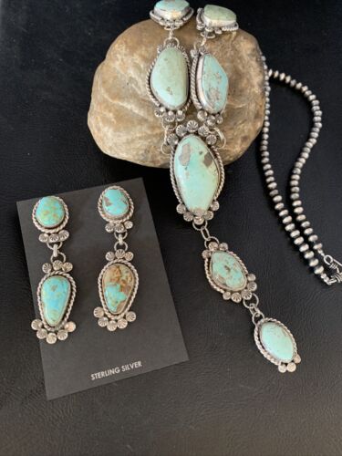 Navajo Blue Turquoise Lariat Necklace Set | Authentic Native American Sterling Silver | 30" | 13834