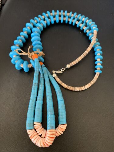 Santo Domingo Spiny Oyster Blue Turquoise Shell Jacla Necklace | 26" | Authentic Native American Handmade | 12514