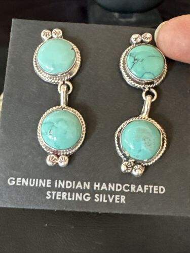 Navajo Blue Green Turquoise Dangle Earrings | Sterling Silver | 1.5" | Authentic Native American Handmade | 17388