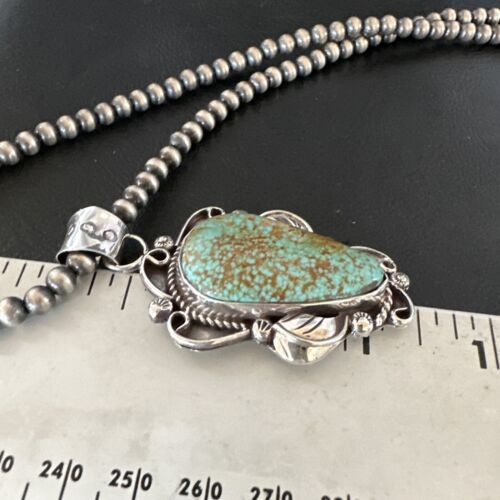 Navajo Blue Turquoise #8 Pendant | Sterling Silver Pearls Necklace | Authentic Native American Handmade | 15902