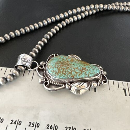 Navajo Blue Turquoise #8 Pendant | Sterling Silver Pearls Necklace | Authentic Native American Handmade | 15902