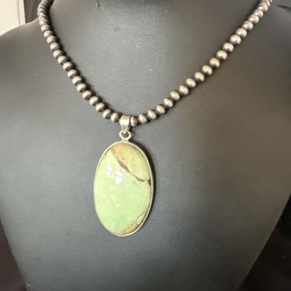Navajo Green Gaspeite Pendant Necklace | Sterling Silver | Authentic Native American Handmade | 15484