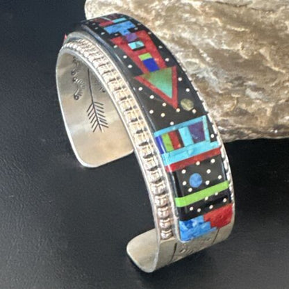Men's Navajo Black Onyx Coral Turquoise Sterling Silver Cuff Bracelet Inlay | 16122
