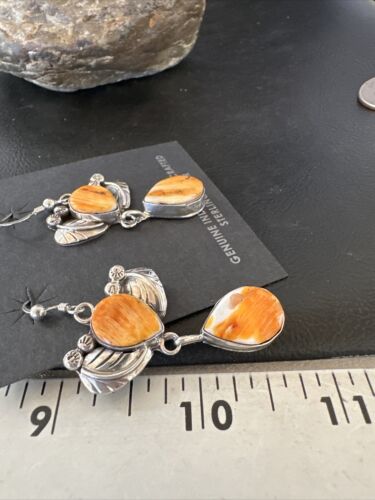Navajo Orange Spiny Oyster Dangle Earrings | Sterling Silver | 1.5" | Authentic Native American Handmade | 16576