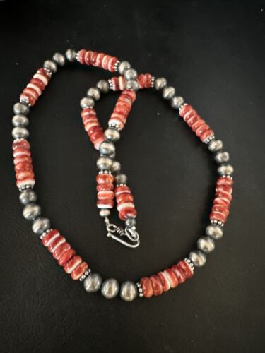 Navajo Pearls Red Spiny Oyster Necklace | 8mm Sterling Silver | Authentic Native American Handmade | 22" | 14850