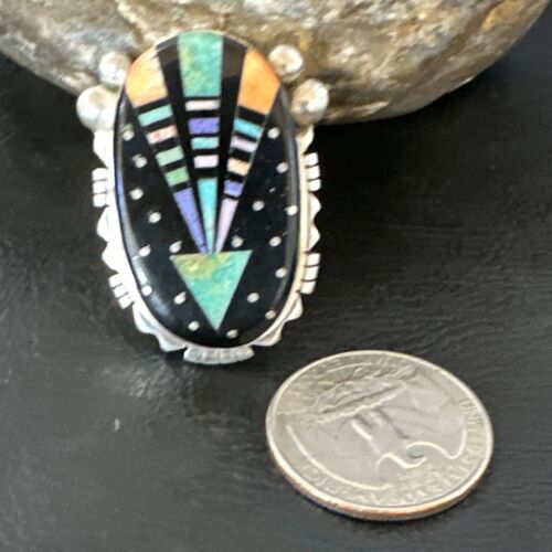 Navajo Green Turquoise Spiny Oyster Inlay Ring | Sterling Silver | Sz 7.5 | 16333