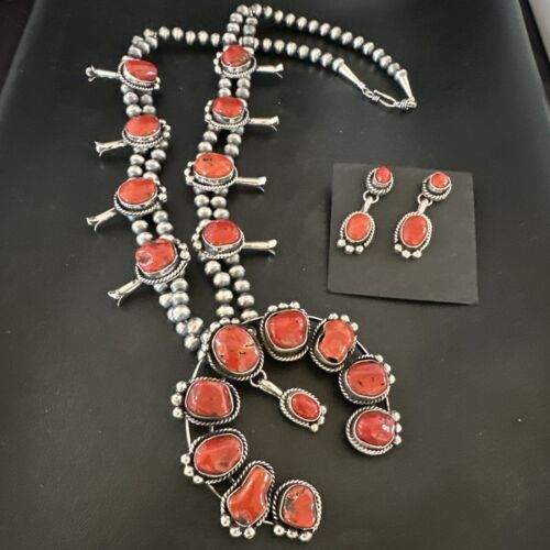 Red Coral Naja Pendant | Sterling Silver Squash Blossom Necklace & Earrings | Native American | 17048