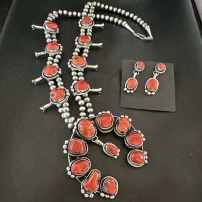 Red Coral Naja Pendant | Sterling Silver Squash Blossom Necklace & Earrings | Native American | 17048
