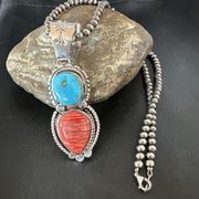 Navajo Blue Kingman Turquoise Spiny Pendant Necklace | Sterling Silver | Multi-Stone | 16824