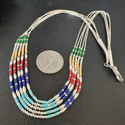 Multicolor Lapis Coral Heishi Liquid Sterling Silver Necklace | 5 Strand | 20" | 15886