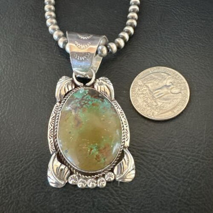 Men's Navajo Green Turquoise Pendant Necklace | Sterling Silver | Authentic Native American Handmade | 17527