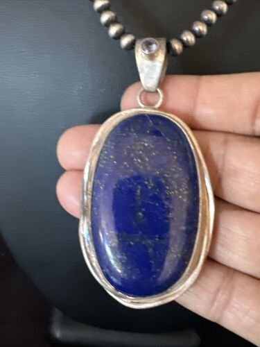 Men's Denim Lapis Lazuli Pendant Necklace | Navajo Beads | Sterling Silver | Authentic Native American Handmade | 15199