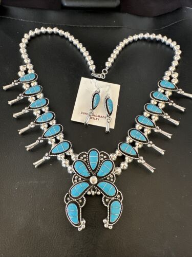 Zuni Kingman Turquoise Inlay Squash Blossom Necklace & Earrings | Sterling Silver | 16544
