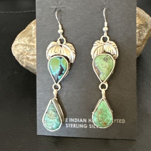 Navajo Green Royston Turquoise Dangle Earrings | Sterling Silver | Authentic Native American Handmade | 16451
