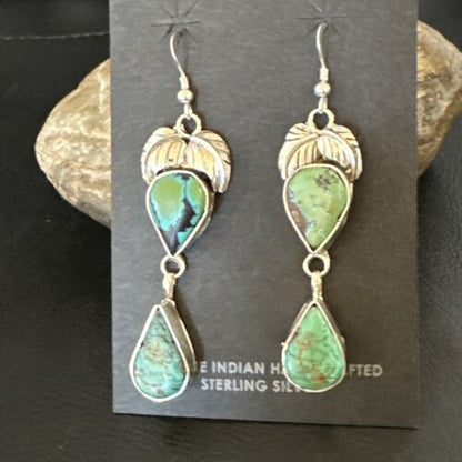 Navajo Green Royston Turquoise Dangle Earrings | Sterling Silver | Authentic Native American Handmade | 16451