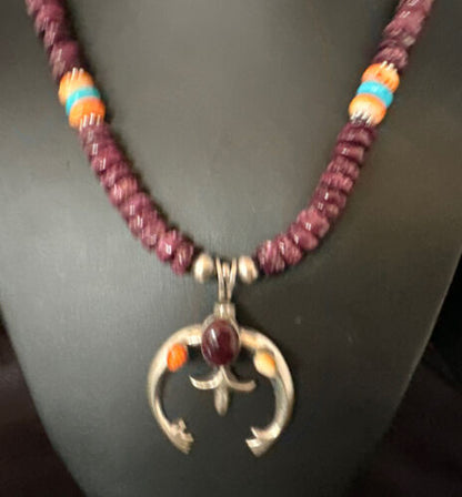 Navajo Purple Spiny Oyster Turquoise Naja Pendant Necklace | Sterling Silver | Native American Handmade | 15273