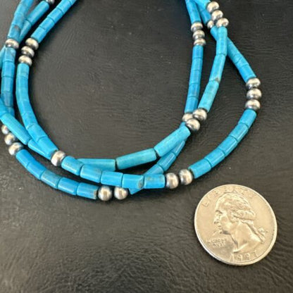 Navajo Blue Turquoise Tube Necklace | Sterling Silver | 22" | Authentic Native American Handmade | 17553