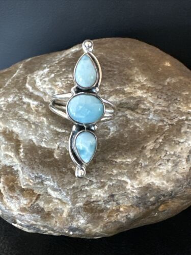 Navajo Women's Cluster Blue Larimar Multi-Stone Ring | Authentic Native American Sterling Silver | Sz 7 | 16162